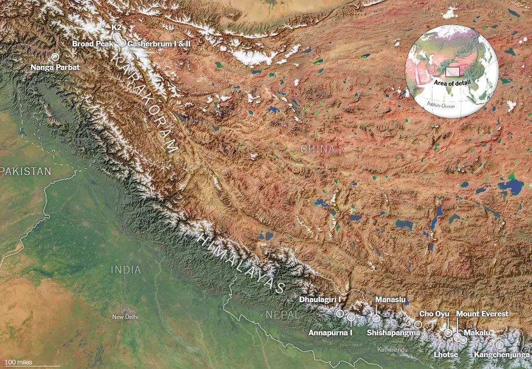 Гімалайський і Каракорумський хребти в Азії є домом для всіх 14 вершин Землі висотою 8000 метрів.