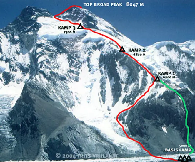 Стандартний маршрут сходження на восьмитисячник Броуд-Пік (Broad Peak, 8051 метра) відмічено червоним кольором