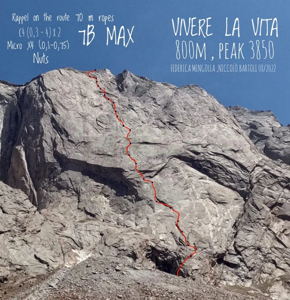 Новий маршрут на західній стіні (Wall of Dykes)  піка Ортотюбек (3850 метрів) має назву  «Vivere la vita» (Living life), його довжина становить 800-метрів (24 мотузки) та має скельну трудність на рівні 7b. Фото Federica Mingolla