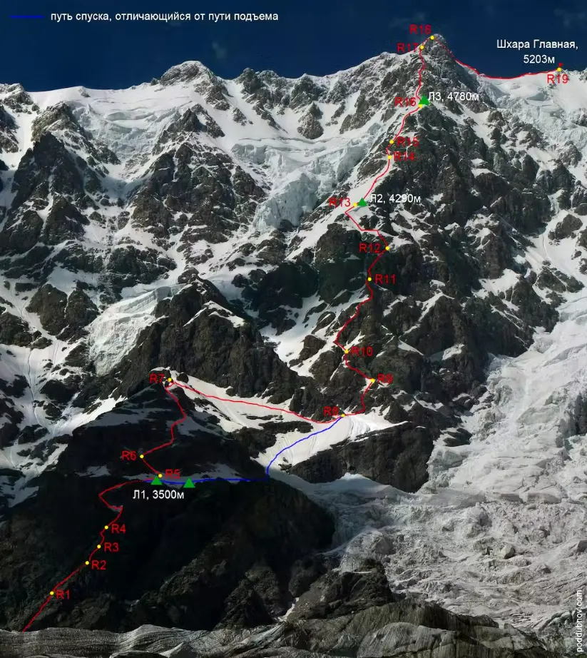 Маршрут сходження на Шхару. Синій варіант в нинішніх умовах пройти неможливо через відсутність снігу