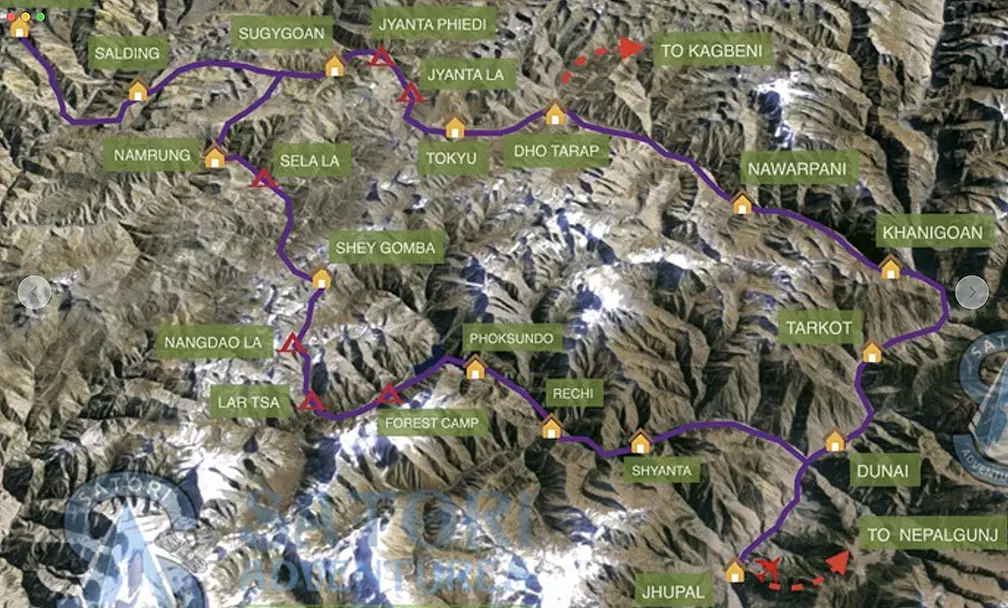 Мапа трекнгового шляху в регіоні Долпо, Непал