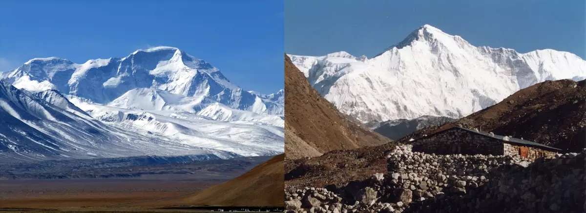 Чо-Ойю (Cho Oyu) – шоста за висотою вершина світу. Вид з боку Тибету (ліворуч) та вид з боку Непалу (праворуч)