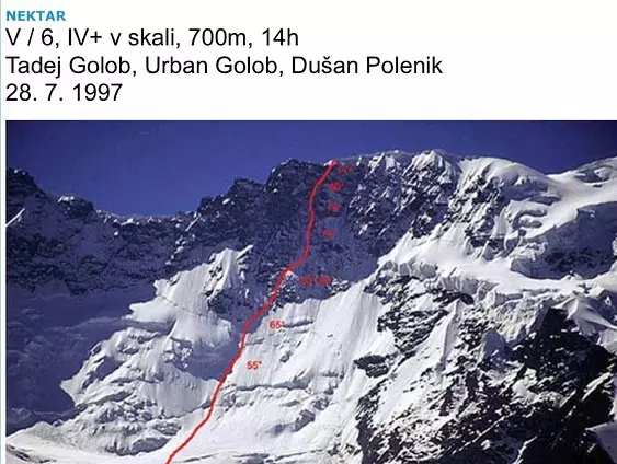 Словенський маршрут 1997 року на північній стіні Центрального Брайтхорна (Central Breithorn, 4160 метрів).