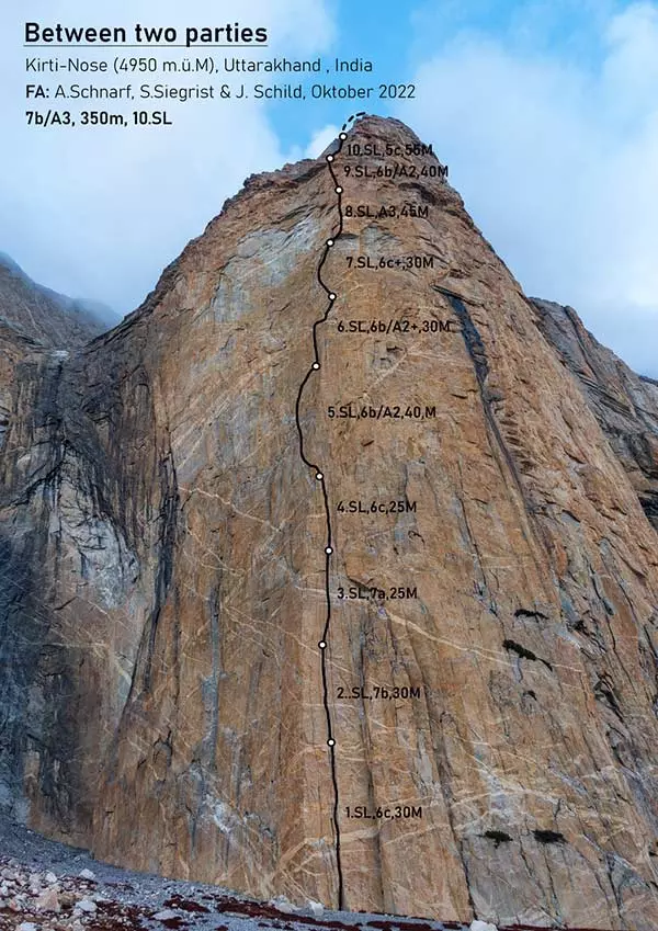 маршрут  „Between Two Parties” (350м, 7b/A3) на вершину скелі «Kirti-Nose» висотою 4950 метрів в індійському штаті Уттаракханд. Фото  Stephan Siegrist