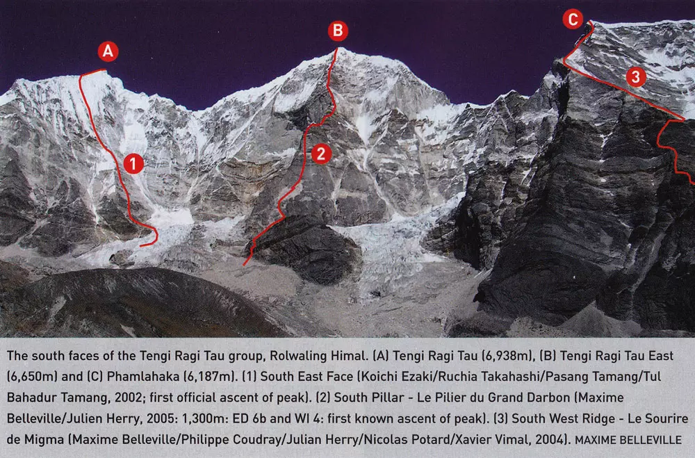 Гірська група Tengi Ragi Tau. Вершина, про яку йде мова, розташована праворуч і позначена літерою C.
