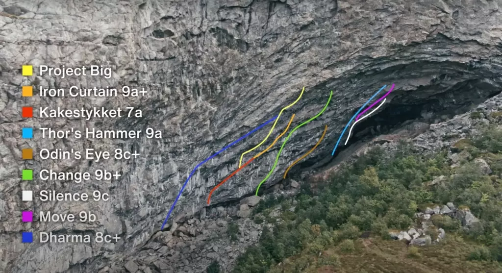Список маршрутів, відкритих та запроектованих Адамом Ондрою на склепінні печери Ханшеллерен у норвезському регіоні Флатангер
