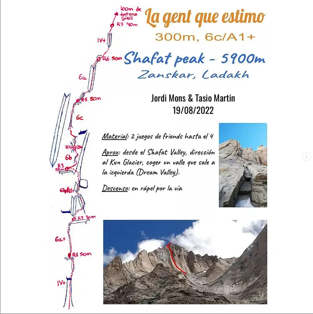  "La gent que estimo" (300 метрів, 6c/A1+) на вершину гори Шафат (Shafat Peak), висотою 5900 метрів.