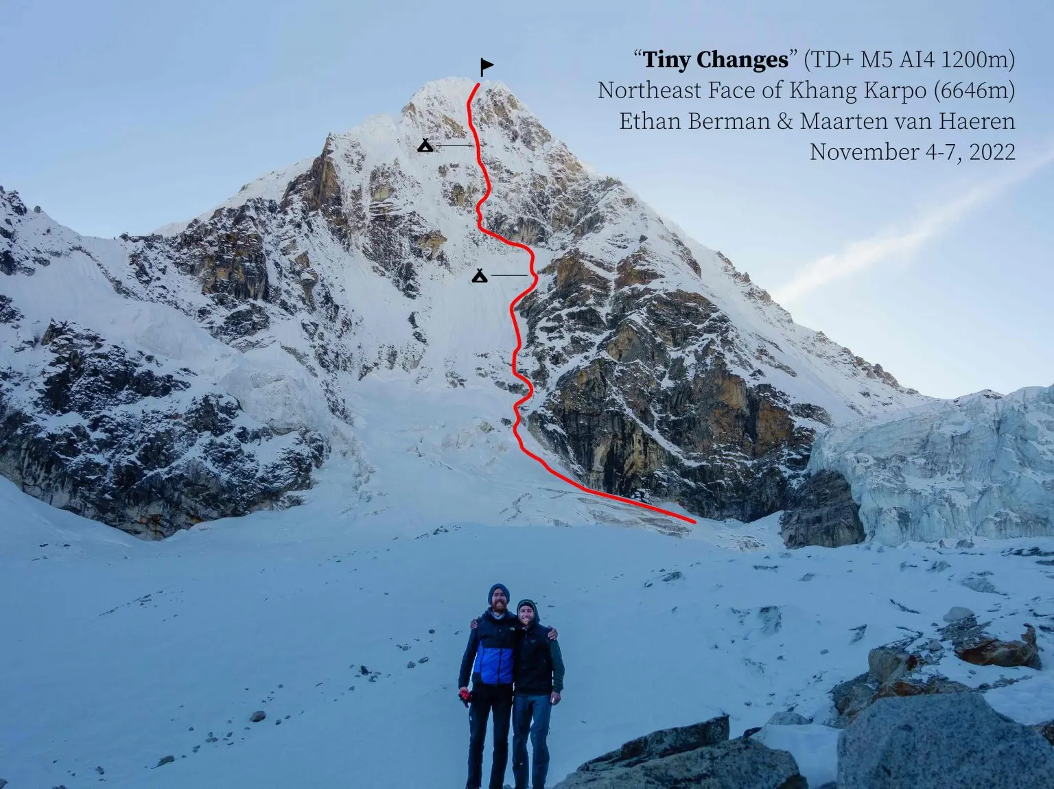 Маартен ван Херен (Maarten van Haeren) та Ітан Берман (Ethan Berman) з новим маршрутом "Tiny Changes" (TD+ M5 AI4) по північно-східній стіні на вершину гори Ханг Карпо ( Khang Karpo, висотою 6646 метрів) у долині Ролвалінг, Непал