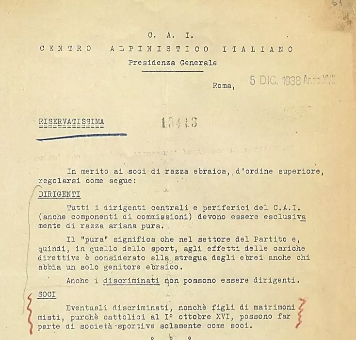 в 1938 році генеральний президент CAI Анджело Маранезі (призначений режимом) видав циркуляр до усіх секцій клубу, наказуючи їм: виявити та виключити єврейських спільників. 