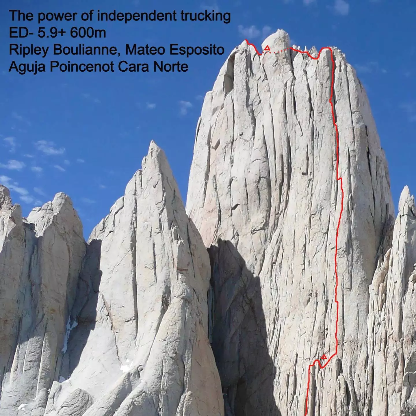 Маршрут "The Power of Independent Trucking" (ED- 5.9+ 600м) по північній стіні гори Aguja Poincenot висотою 3002 метрів. Фото Ripley Boulianne