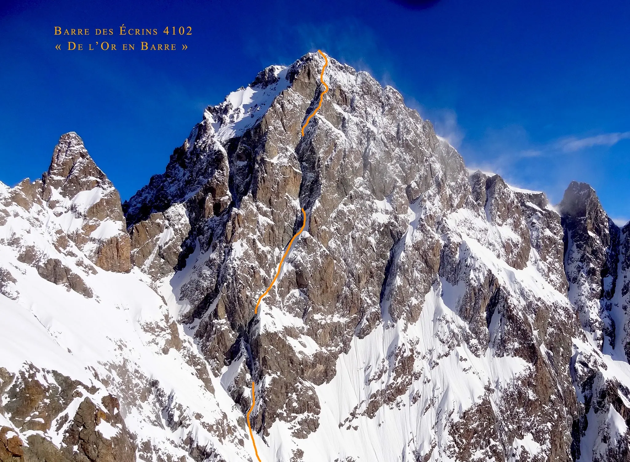 Маршрут "De L’Or en Barre" M7, 5+, ED+, 1000 метрів на вершину Барр-дез-Екрен (Barre des Écrins) висотою 4102 метрів. Фото Benjamin Védrines