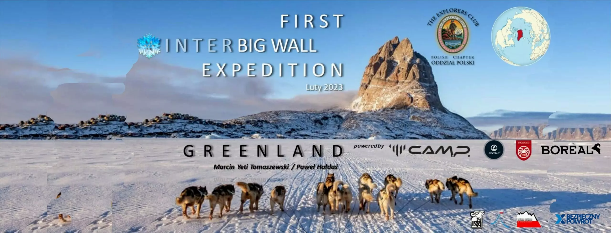 Банер польської зимової експедиції 2023 у Гренландії. На фоні - гора Уумманнак (Uummannaq)