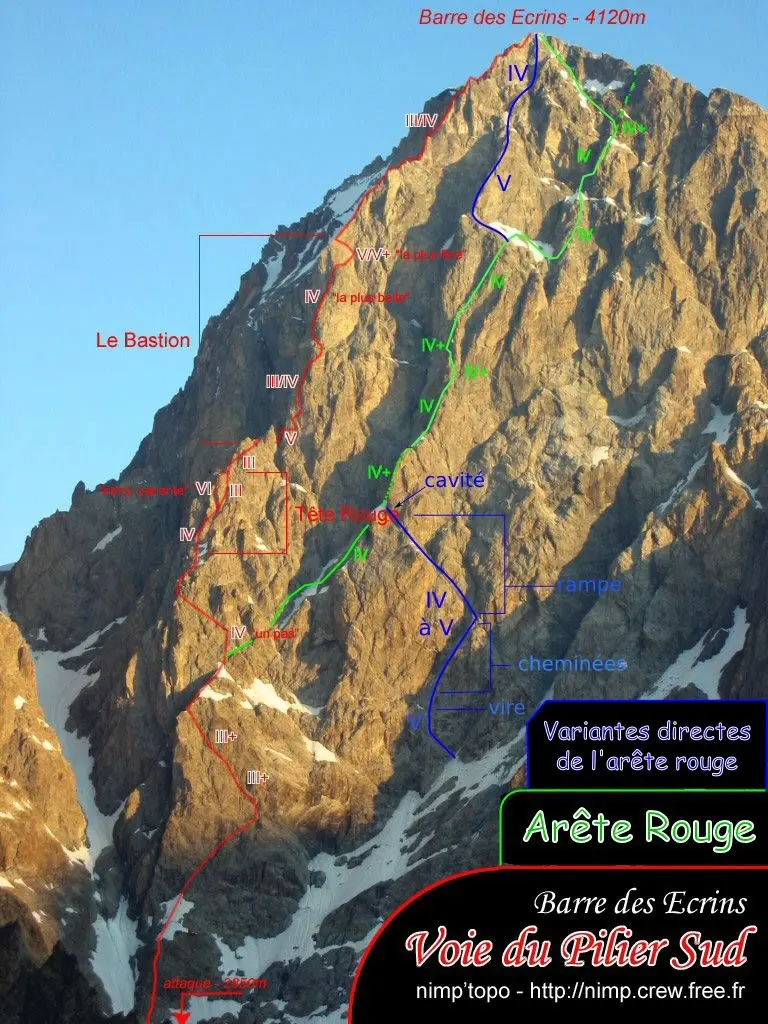 Існуючі маршрути на південній (південно-східній) стороні гори Барр-дез-Екрен (Barre des Écrins) висотою 4102 метрів.