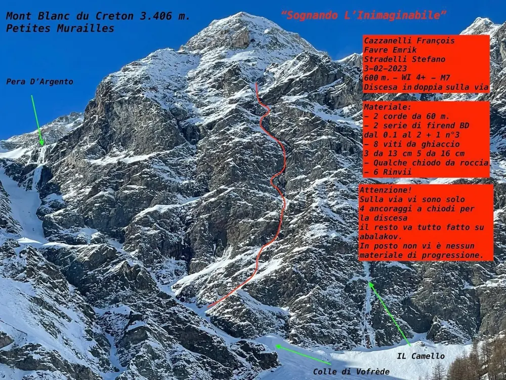 маршрут "Sognando l’inimmaginabile" (WI 4+ M7, 600 метрів) на східній стіні гори Монблан-дю-Кретон (Mont Blanc du Créton) заввишки 3406 метрів. Фото François Cazzanelli