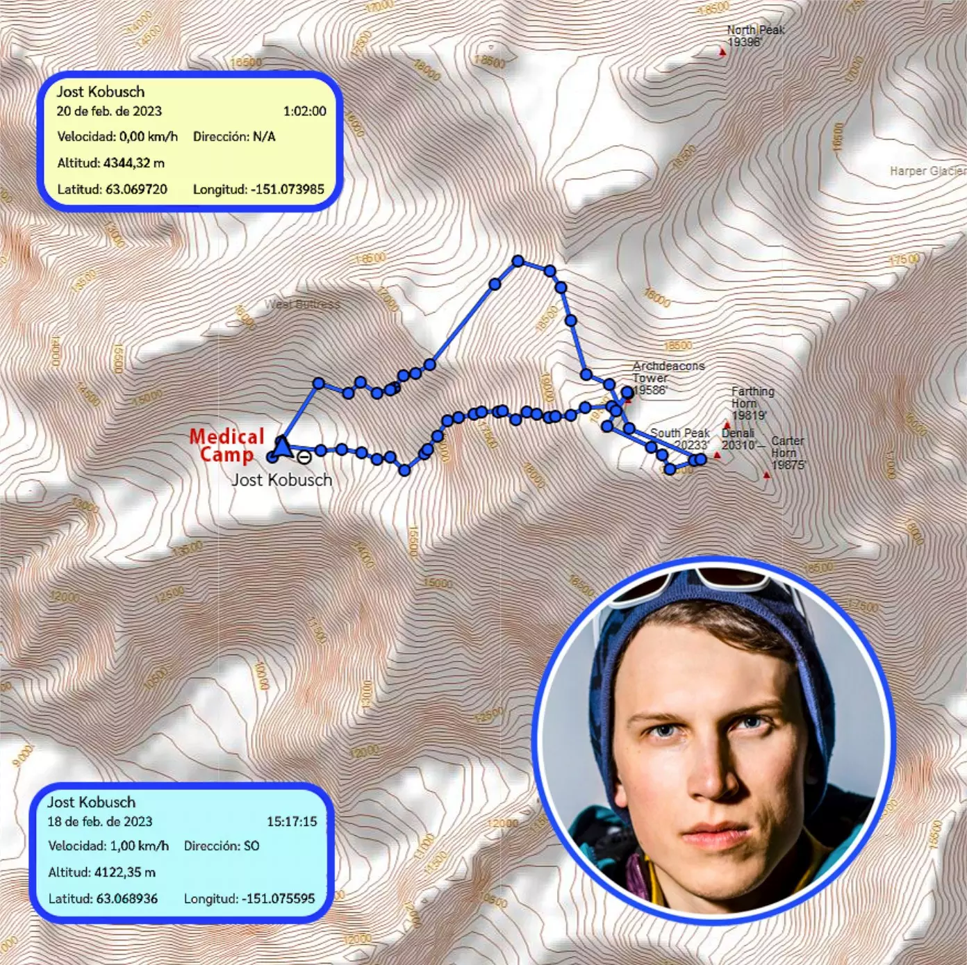маршрут Йошта на вершину Деналі та на спуску до табору. Фото Carlos Garranzo