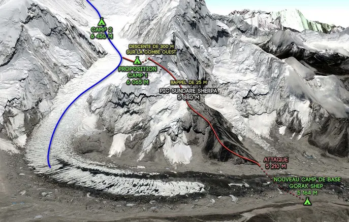 Вариант обхода ледопада Кхумбу, проложенный командой Марка Батара на Эвересте.
