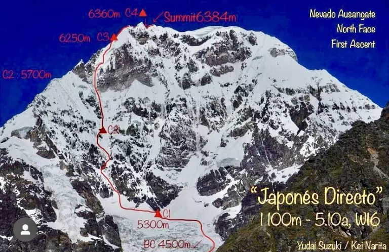 Маршрут “Japones Directo” (1,100m, 5.10a, WI6) по північній стіні Невадо Аузангате ( Nevado Ausangate, 6384-метрів) у Перуанських Андах. Фото  Yudai Suzuki/Kei Narita