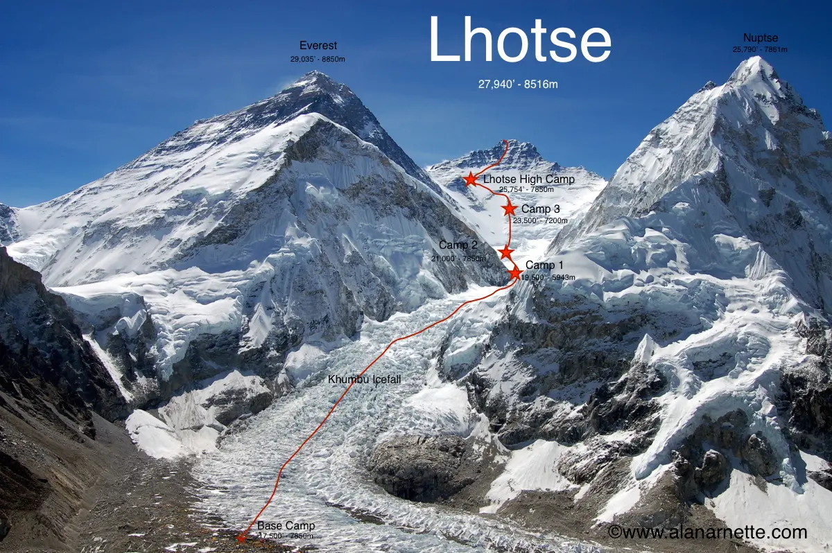 Лхоцзе (Lhotse, 8516 метрів)  - четвертий за висотою восьмитисчяник світу 
