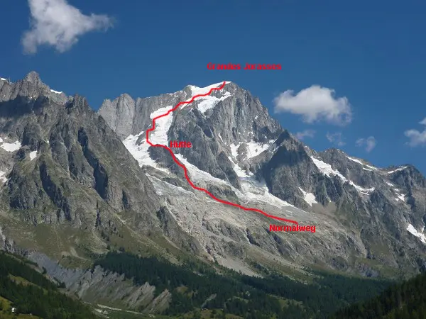 Стандартний маршрут сходження на Гранд-Жорасс з з містечка Планпінсьє біля Курмайора. На фото - ділянка від гірської хижини Rifugio Boccalatte (2804 м)