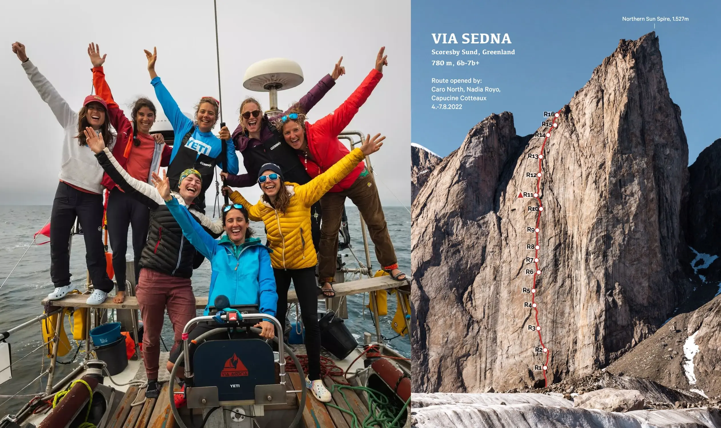 міжнародна жіноча команда. новий маршрут "Via Sedna" довжиною 750 метрів та трудностями 7b+, що був прокладений на східній стороні гори Northern Sun Spire у Гренландії