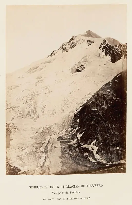 Шойхцергорн (Scheuchzerhorn, 3456 метрів) і льодовик Тірберг. 19 серпня 1850 року 15:00 дня. З колекції 28 дагеротипів, що представляють найстаріші геліографічні відтворення Альп. Фото Каміль Бернабе  (Camille Bernabé) 