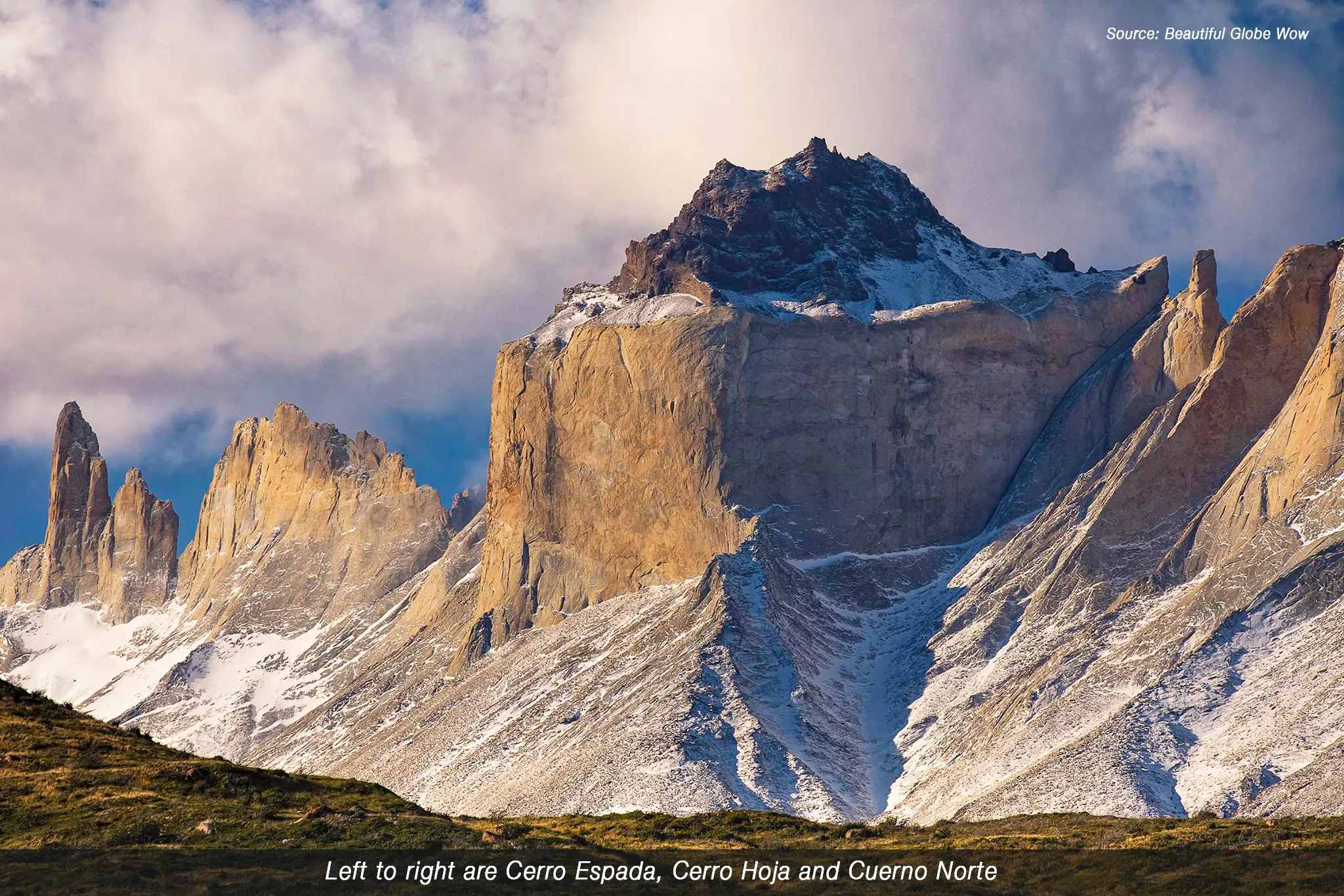 панорма долини Бадер (Valle Bader). Зліва на право:  Серро Еспада (Cerro Espada, 2196 метрів), Серро-Хойя ( Cerro Hoja), Серро-Норте (Cerro Norte).  Фото Seba Pelletti, Hernan Rodriguez