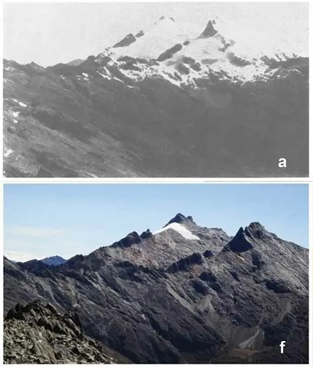 а. Льодовик Гумбольдт (Ла-Корона), який покривав вершини Гумбольдт та Бонпланд, вид з гори Піко-Еспехо. Фото 1910 року.<br>f.  Льодовик Гумбольдт (Ла-Корона), вид з гори Піко-Еспехо. Фото 2013 року.